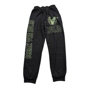 ROMWE XL Black Graphic Joggers Rules Skull Goth Streetwear Drawstring Sweatpants